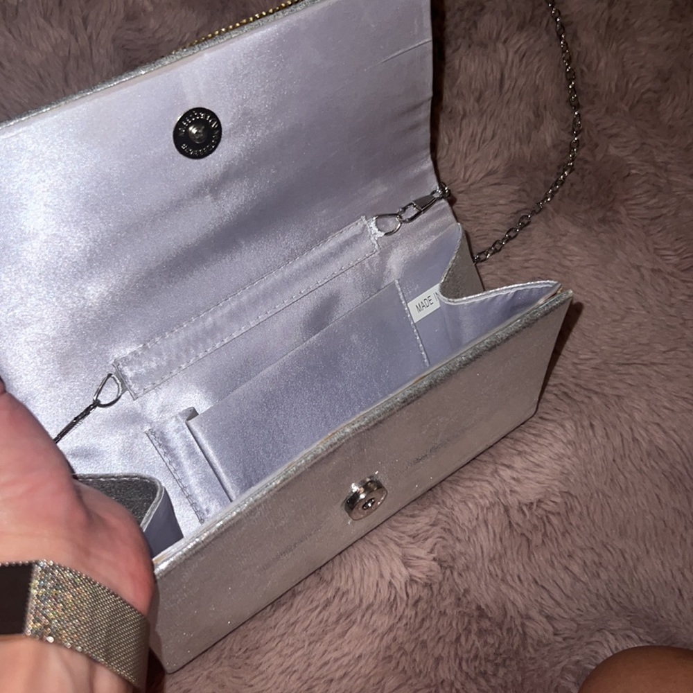 Silver formal classy clutch handbag small 8” purse removable chain link strap​ - Picture 6 of 14